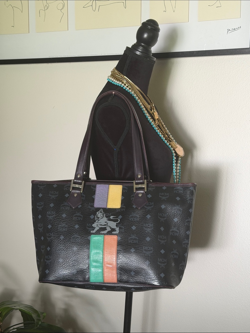 MCM Black Logo Tote with Turquoise Green, Orange and Yellow Stripe Accents